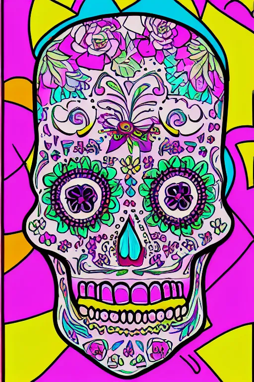 Prompt: Illustration of a sugar skull day of the dead girl, art by Lisa Frank