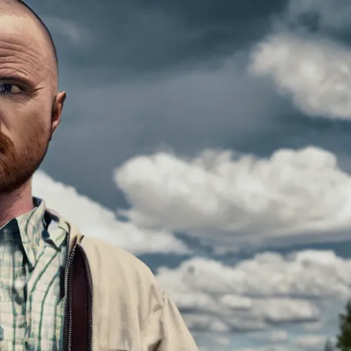 Image similar to Live Action Still of Aaron Paul dressed as Walter White, real life, hyperrealistic, ultra realistic, realistic, highly detailed, epic, HD quality, 8k resolution, body and headshot, film still