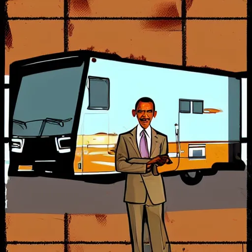 Image similar to obama holding a ziplock bag with baby blue meth, desert background, next to an rv, by stephen bliss, gta loading screen