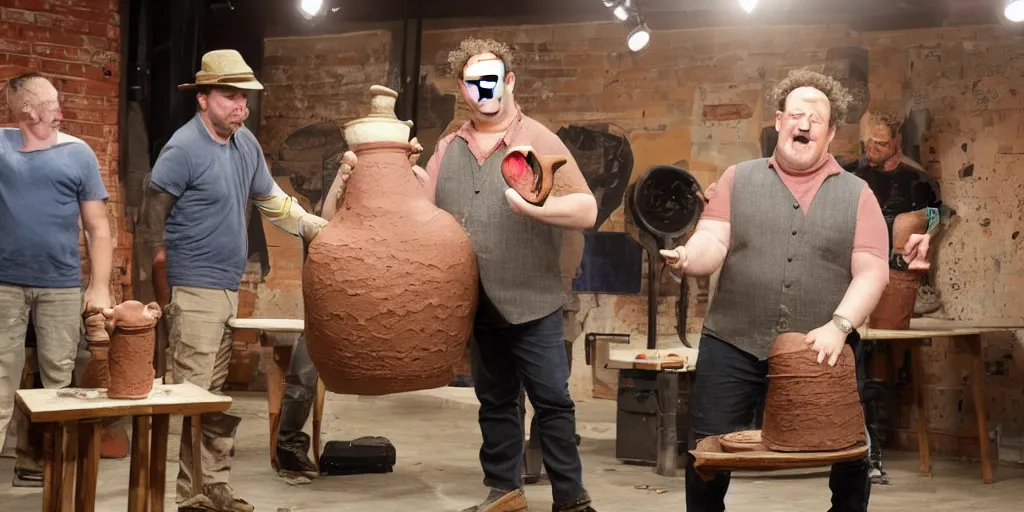 Image similar to johnny vegas making a very large clay teapot, art school, studio, wet clay, photorealistic, interview, stand up comedy, audience, stage