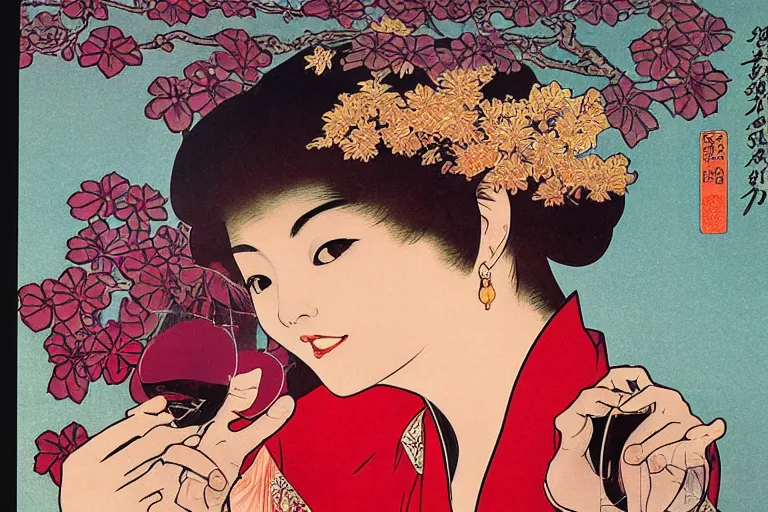 Prompt: elegant asian woman holding red wine glass, 1 9 7 0 s japan shouwa advertisement, print, nostalgic, alphonse mucha