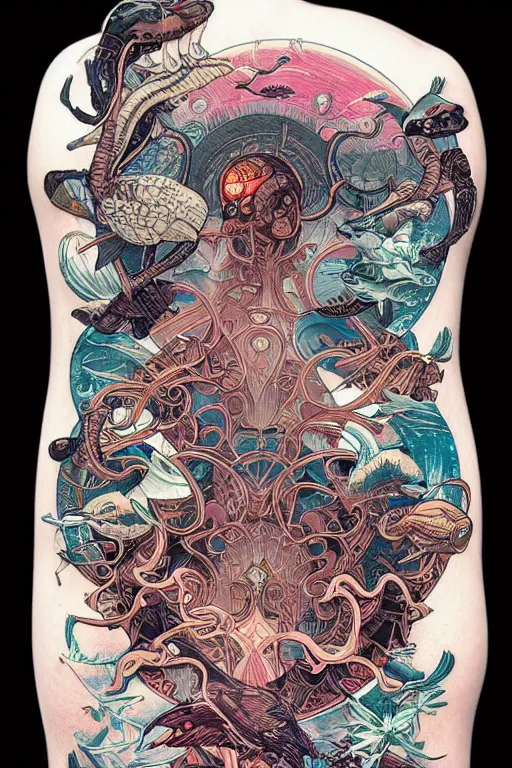 Image similar to tattoo design by kilian eng and victo ngai and james jean