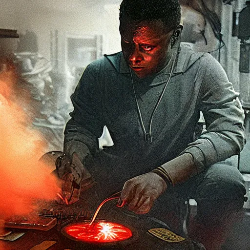 Image similar to augmented human repairing commodore 6 4, dark messy smoke - filled cluttered workshop, dark, dramatic lighting, orange tint, cinematic, highly detailed, sci - fi, futuristic, movie still from blade runner