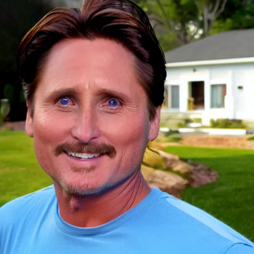 Prompt: close - up of emilio estevez completely bald with a pool and a house in the background