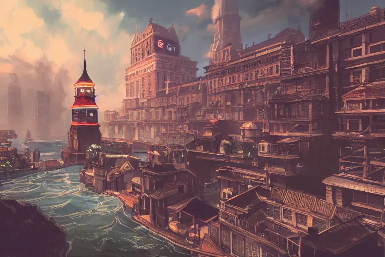 Image similar to beautiful water city in the style of a bioshock infinite screenshot, concept art, artstation, deviantart, behance, highly detailed