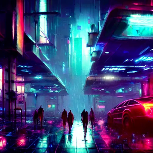 Prompt: photo of a rundown futuristic city scene at night with neon lights, raining, sci fi splash art by craig mullins, greg rutkowski