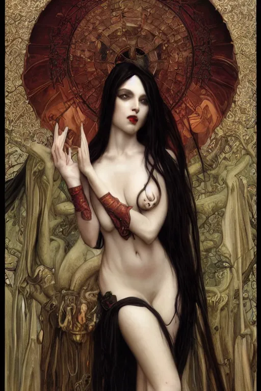 Image similar to masterpiece painting of stunning vampiric succubus girl by donato giancola, h. r. giger and tom bagshaw, face by artgerm and edmund leighton, background by james jean and alphonse mucha, 8 k, gothic horror, majestic, volumetric lighting, porcelain skin, art deco, trending on pixiv