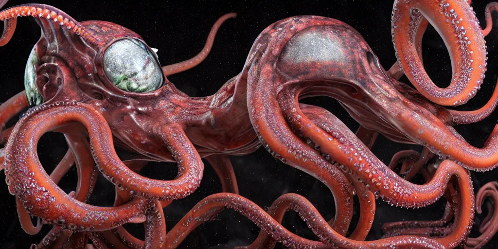 Prompt: of a photo of a detailed market xenomorph squid with big squid rounded eyes, octopus beak, octopus arms, tentacles suckers, open eyes, teeth covering the inner parts,, volumetric lighting, glossy and drippy, wet environment, arnold rendering, sss, flash light, trailcam, h r gigger