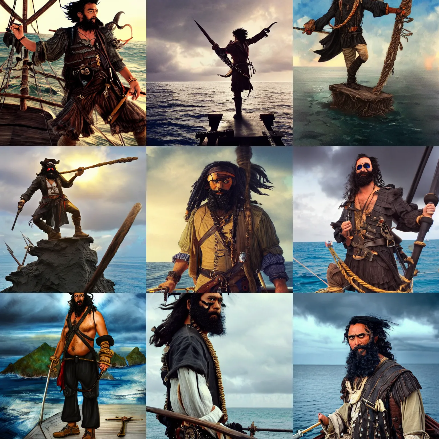 Prompt: Blackbeard played by Taika Waititi standing on the bow of a pirate ship with the wind blowing his hair at golden hour with gloomy clouds revealing a sun and crystal clear water, trending on Artstation, by lei min