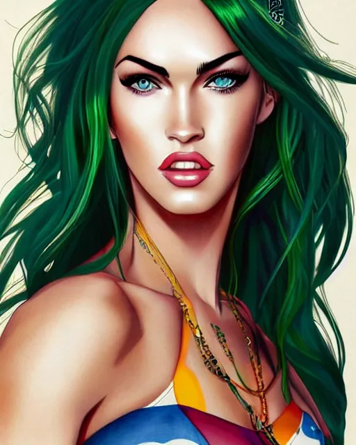 Image similar to portrait of megan fox, beautiful, elegant colorful, inspired by steel ball run manga, artstation trending, deviantart, highly detailed, focus, smooth, illustrated by hirohiko araki