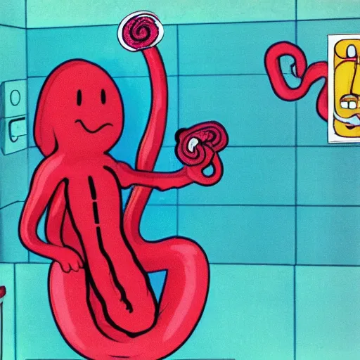 Image similar to a female anthropomorphic intestine in a bathtub, children's television show, 1974, technicolor