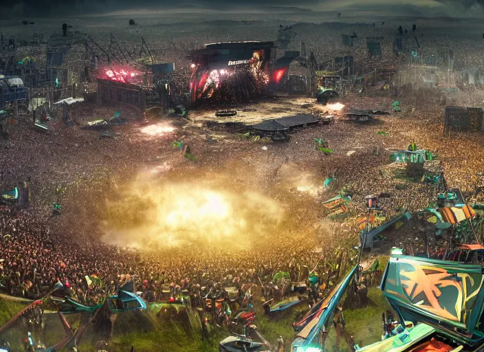 Image similar to ultra realistic, mainstage of defqon 1 music festival in 2 0 5 0, futuristic, octane render, sharp focus cinematic lighting, dramatic perspective, highly detailed, ultra realistic, masterpiece, 4 k, 8 k