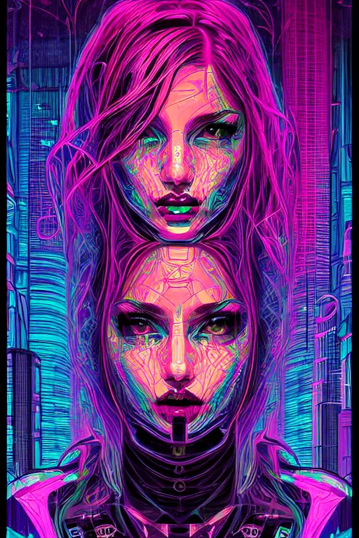 Image similar to dreamy cyberpunk girl, abstract mirrors, digital nodes, beautiful woman, detailed acrylic, grunge, intricate complexity, by dan mumford and by konstantinas ciurlionis