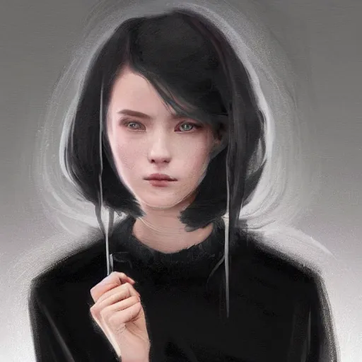 Image similar to portrait of a young woman by greg rutkowski, she is about 2 0 years old, mixture between russian and japanese, pretty, black bob hair with two strands around her face, very tall and slim, wearing a oversized jumper jumpsuit, highly detailed portrait, digital painting, artstation, concept art, smooth, sharp foccus ilustration, artstation hq