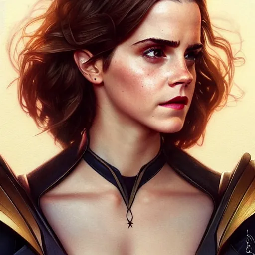 Image similar to beautiful Emma Watson as The Wasp from Marvel, western, closeup, D&D, fantasy, intricate, elegant, highly detailed, digital painting, artstation, concept art, matte, sharp focus, illustration, art by Artgerm and Greg Rutkowski and Alphonse Mucha