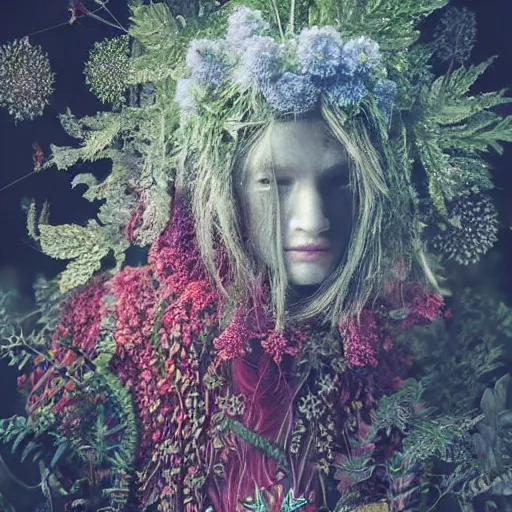 Image similar to a male knight, stern face, clear eyes, shining armour made of steel and flowers, and fractal flowery hair in a fractal garden, glowing delicate flower, berries and ferns that grow in a dark fantasy forest, full frame,