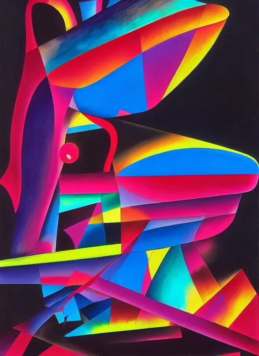 Image similar to A surreal neon painting of Zaha hadid 3d kandinsky houseface!!! made in 3 point perspective by Joan miro and Vladimir kush and dali and kandinsky, 3d, realistic shading, complimentary colors, vivid neon colors, aesthetically pleasing composition, masterpiece, 4k, 8k, ultra realistic, super realistic,