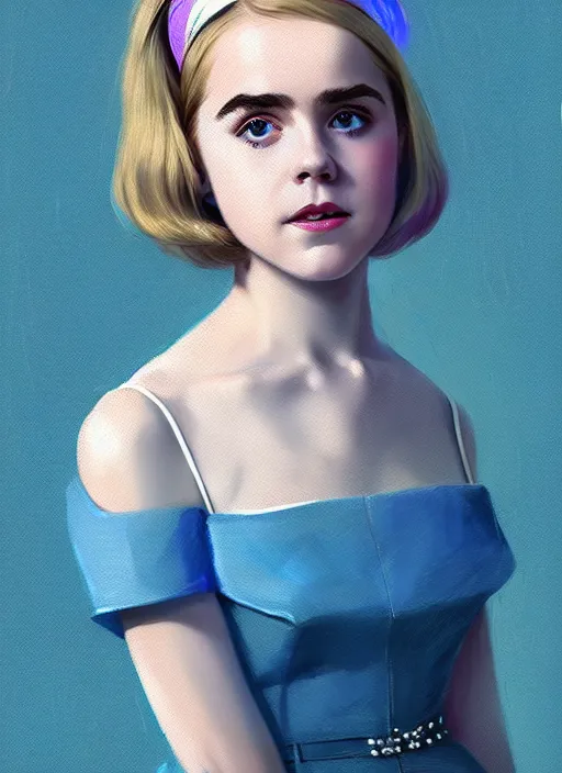 Image similar to portrait of kiernan shipka with freckles, white hair, big 1 9 6 0 s bob hairstyle with bangs and hairband, blue 1 9 6 0 s dress, intricate, elegant, glowing lights, highly detailed, digital painting, artstation, concept art, smooth, sharp focus, illustration, art by wlop, mars ravelo and greg rutkowski