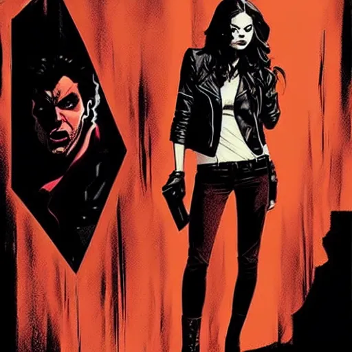 Prompt: in the style of Rafael Albuquerque comic cover art, Samara Weaving vampire, sharp teeth grin, sarcastic, brown leather jacket