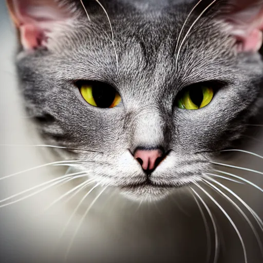 Image similar to portrait of an confused crazy gray cat using with clothes, (EOS 5DS R, ISO100, f/8, 1/125, 84mm, postprocessed, crisp face, facial features)