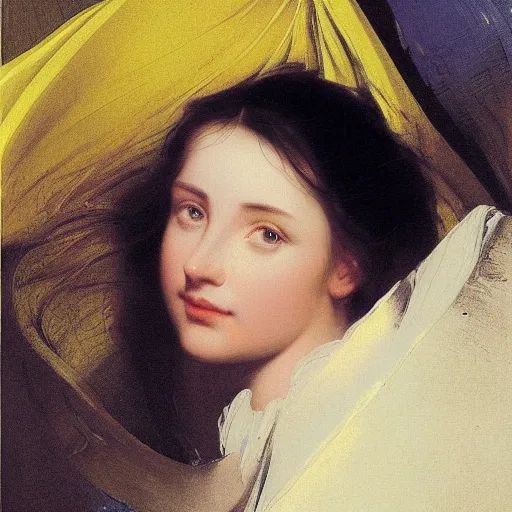 Prompt: a young woman's face in flowing sheets of cobalt blue gold chrome silver satin, by ivan aivazovsky syd mead moebius roger dean donato giancola michael whelan yoshitaka amano jan de heem pieter claesz paul delaroche alma tadema aelbert cuyp willem claesz isaac levitan, hyperrealistic volumetric light render