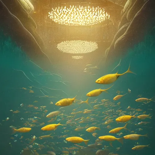 Prompt: a luminous school of fish dances in the air by Sparth and Greg Rutkowski, hypermaximalist, micro details, 3d sculpture, digital rendering, 4k, artstation, concept art, f22, wide angle, cinematic lighting