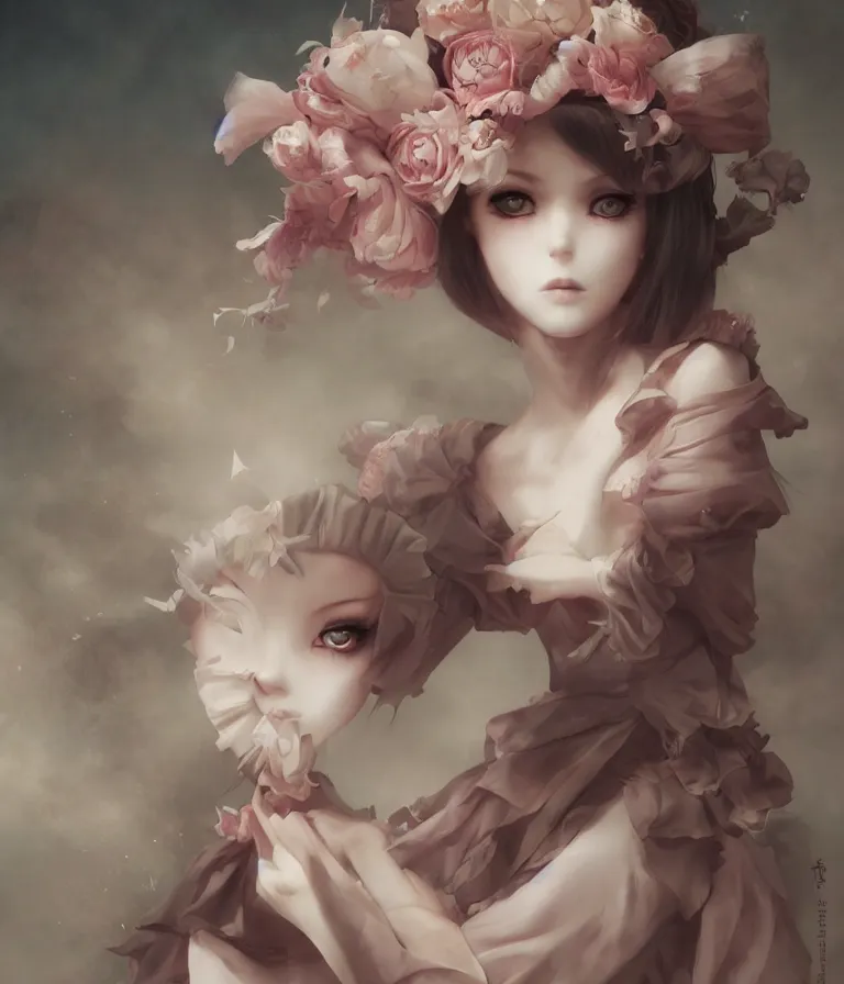 Image similar to anime 3 d art, wlop art, realistic marie antoinette girl painting, japanese street fashion, hyper realism, muted colours, rococo, natalie shau, anime, tom bagshaw style