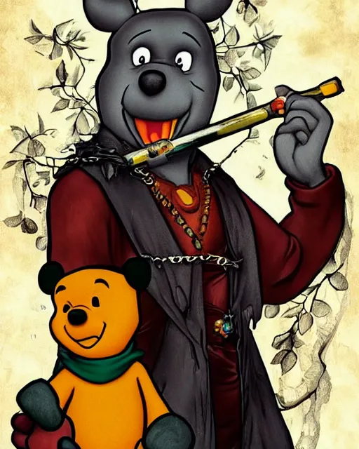 Image similar to Gothic Winnie the Pooh killer with pistol and jade jewelry painted on tarot card, digital art, high detailed, trending on artstation