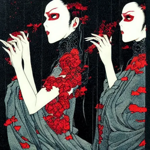 Image similar to beautiful vampire goth woman with red eyes surrounded by ghosts and shadows in a hallway of mirrors, Takato Yamamoto, award winning illustration, character concept