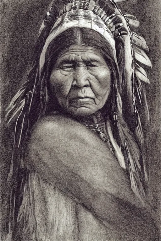 Image similar to “Charcoal sketch of a Native American indian woman, portrait, Nanye-hi Beloved Woman of the Cherokee, wearing a papoose showing pain and sadness on her face, ancient”