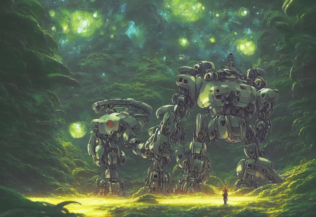 Prompt: a lonely small chubby mecha in an alien jungle, intricate oil painting, high detail illustration, sharp high detail, manga and anime 1 9 9 9, official fanart behance hd artstation by jesper ejsing and makoto shinkai, 4 k,