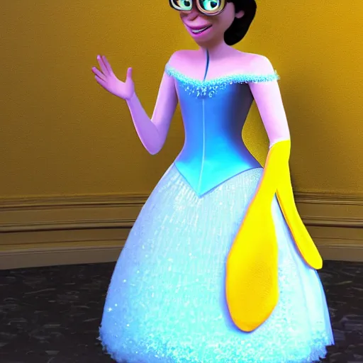 Prompt: Yellow minion from despicable me, dressed as Princess Elsa from Frozen Disney, 3d ray tracing, HD, rendered, highly detailed model, centered, full body shot, wide angle lens