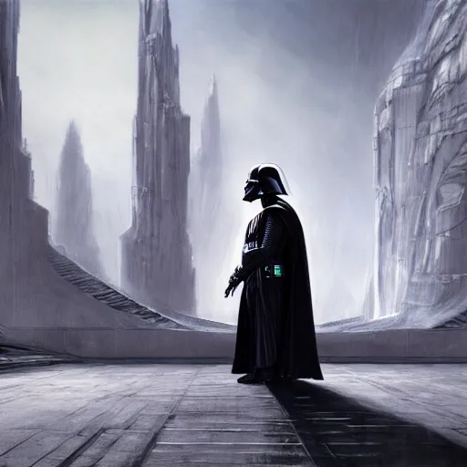 Image similar to a full body back shot of Darth Vader concept art realistic painting, high definition, digital art, matte painting, symmetrical, very detailed, realistic by Doug Chiang, dramatic lighting, cinematic, establishing shot, extremly high detail, photo realistic, cinematic lighting, post processed, concept art, artstation, matte painting,