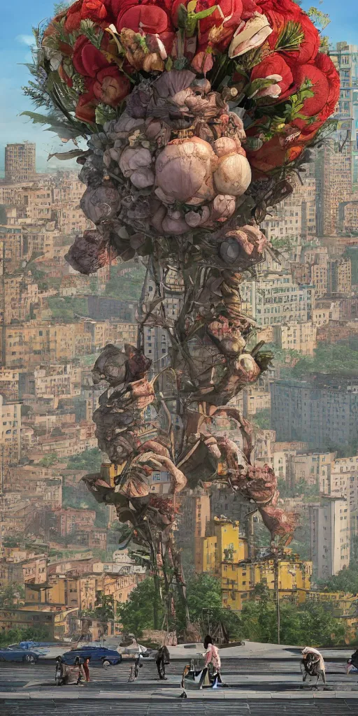 Prompt: giant grotesque flower in the middle of abandoned post soviet constructivist cityscape, Stalinist architecture, ultradetailed by Hayao Miyazaki and Josan Gonzalez and Makoto Shinkai and Giuseppe Arcimboldo and Wes Anderson