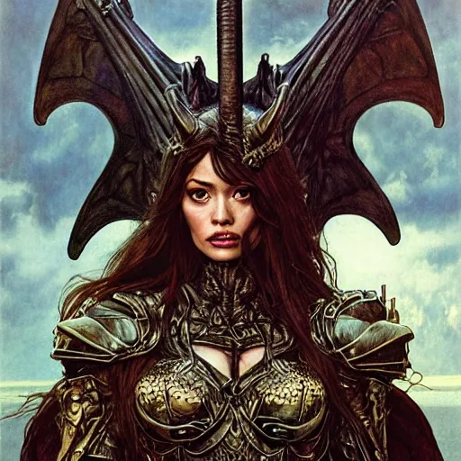 Image similar to head and shoulders portrait of an armored erinyes devil with huge bat wings, portrayed by olga kurylenko, d & d, fantasy, luis royo, magali villeneuve, donato giancola, wlop, krenz cushart, hans zatka, klimt, alphonse mucha