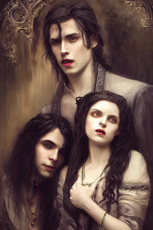 Image similar to a portrait of handsome young male vampire with long hair and his elegant beautiful dark bohemian wife, bored, illustration, dramatic lighting, soft details, painting oil on canvas, art nouveau, octane render, HDR, 4k, 8k, HD, by Edmund Blair Leighton, Brom, Charlie Bowater, trending on artstation, faces by Tom Bagshaw, Sargent