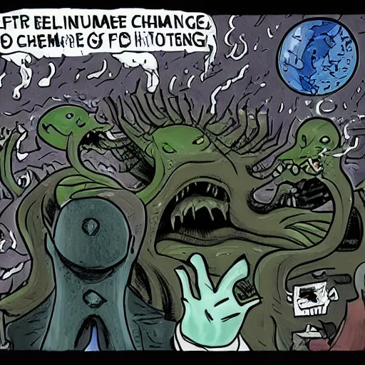 Prompt: eldritch horrors holding a meeting about climate change