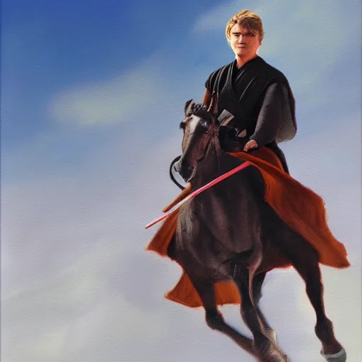 Image similar to anakin skywalker riding a pony, cinematic painting