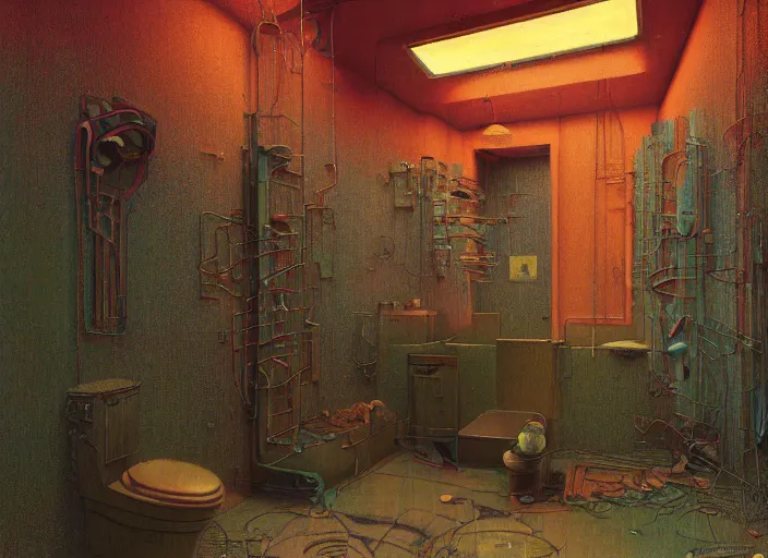 Image similar to A bathroom, neon, RGB, glowing wires everywhere, decay, by Edgar Maxence and Ross Tran, Zdzisław Beksiński, and Michael Whelan, distant, gustav dore, H.R. Giger, 8k, octane render