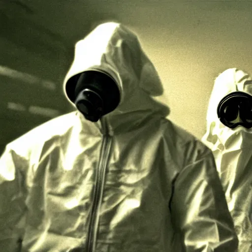 Prompt: a man wearing a hazmat suit and gasmask aiming a pistol, film still, cinematic, enhanced