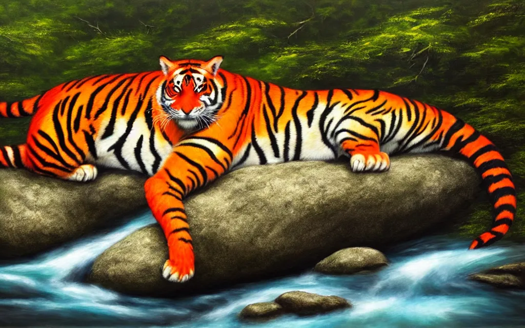 Image similar to a red tiger sitting on a large rock within a woodland creek, highly detailed, trending on pixiv, realistic oil paint artwork made in 2 0 2 0.