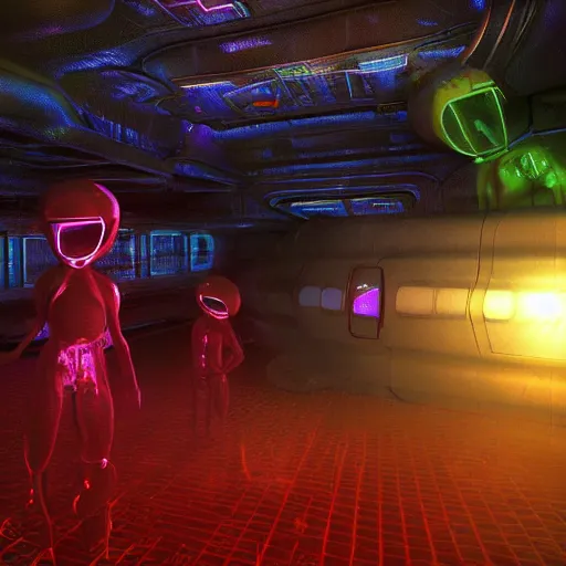 Image similar to aliens inside of a haunted space ship experimenting on humans with giant cats filled with a neon red alien substance, volumetric lighting, ultra detailed