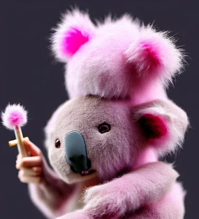 Image similar to high quality 3 d render hyperrealistic very cute small pink koala smoking weed joint, smoke rising from the joint, plush mascot, short spiky dense fluffy smooth hair, photo from the side, pink fluffy fur, 1 5 0 mm, beautiful natural soft light, rim light, smooth background, artstation, ultra detailed, elegant, ultra detailed, metallic armor, octane render