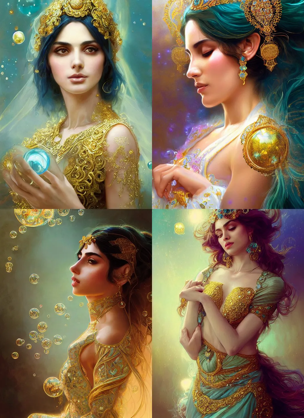 Prompt: portrait of magical persian woman, dreamy and ethereal, gold and teal eyes, peaceful expression, ornate frilly dress, fantasy, intricate, elegant, rainbow bubbles, highly detailed, digital painting, artstation, concept art, smooth, sharp focus, illustration, art by artgerm and greg rutkowski and alphonse mucha