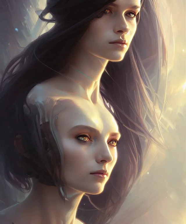 Image similar to futuristic young woman portrait, sci-fi, amber eyes, face, long hair, fantasy, intricate, elegant, highly detailed, digital painting, artstation, concept art, smooth, sharp focus, illustration, art by artgerm and greg rutkowski and alphonse mucha