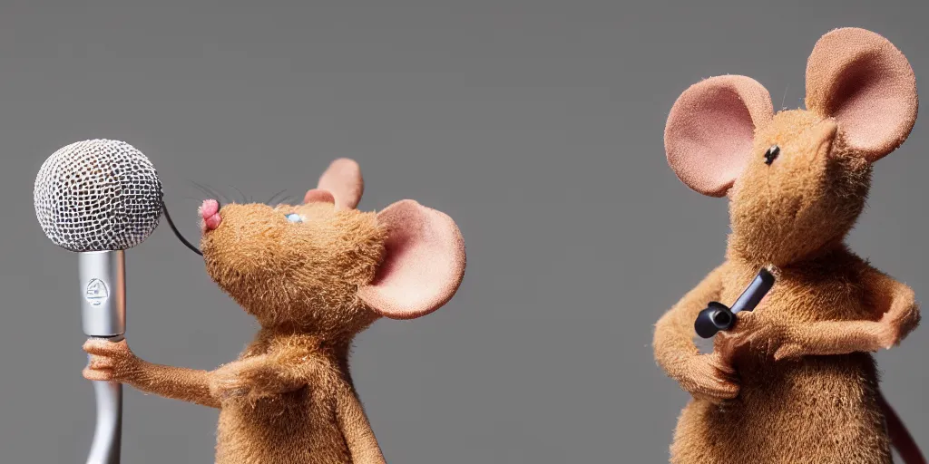 Prompt: a mouse singing with a microphone in it's hands'macro photography, studio light