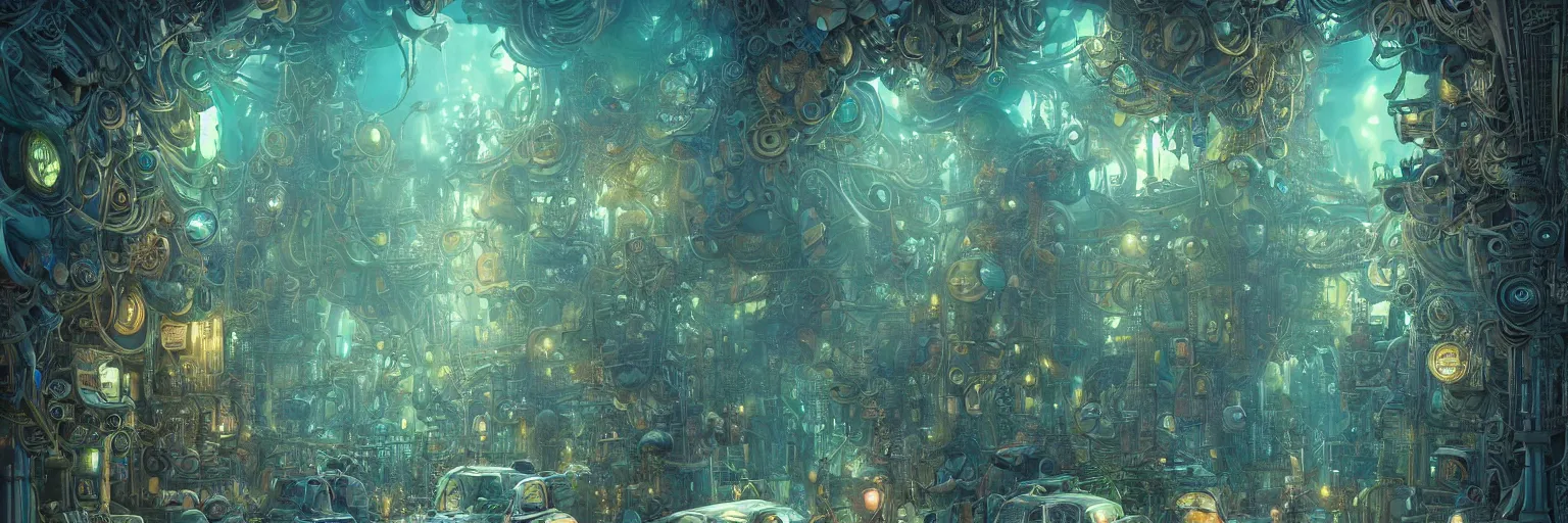 Prompt: Marc Simonetti, Tomer Hanuka, smooth polished metal with detailed line work, Mandelbulb flowers and trees, Exquisite detail, blue neon details, green neon details, white neon details, hyper detailed, intricate illustration, golden ratio, steampunk, mist, neon lights, steampunk desert background, by Tomer Hanuka