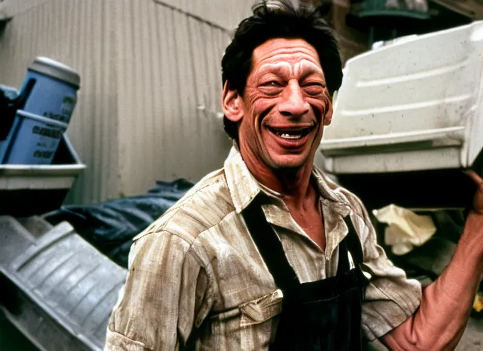 Prompt: photo of jim varney as ernest p worrell as a garbage collector, 8 k, 8 5 mm f 5. 6