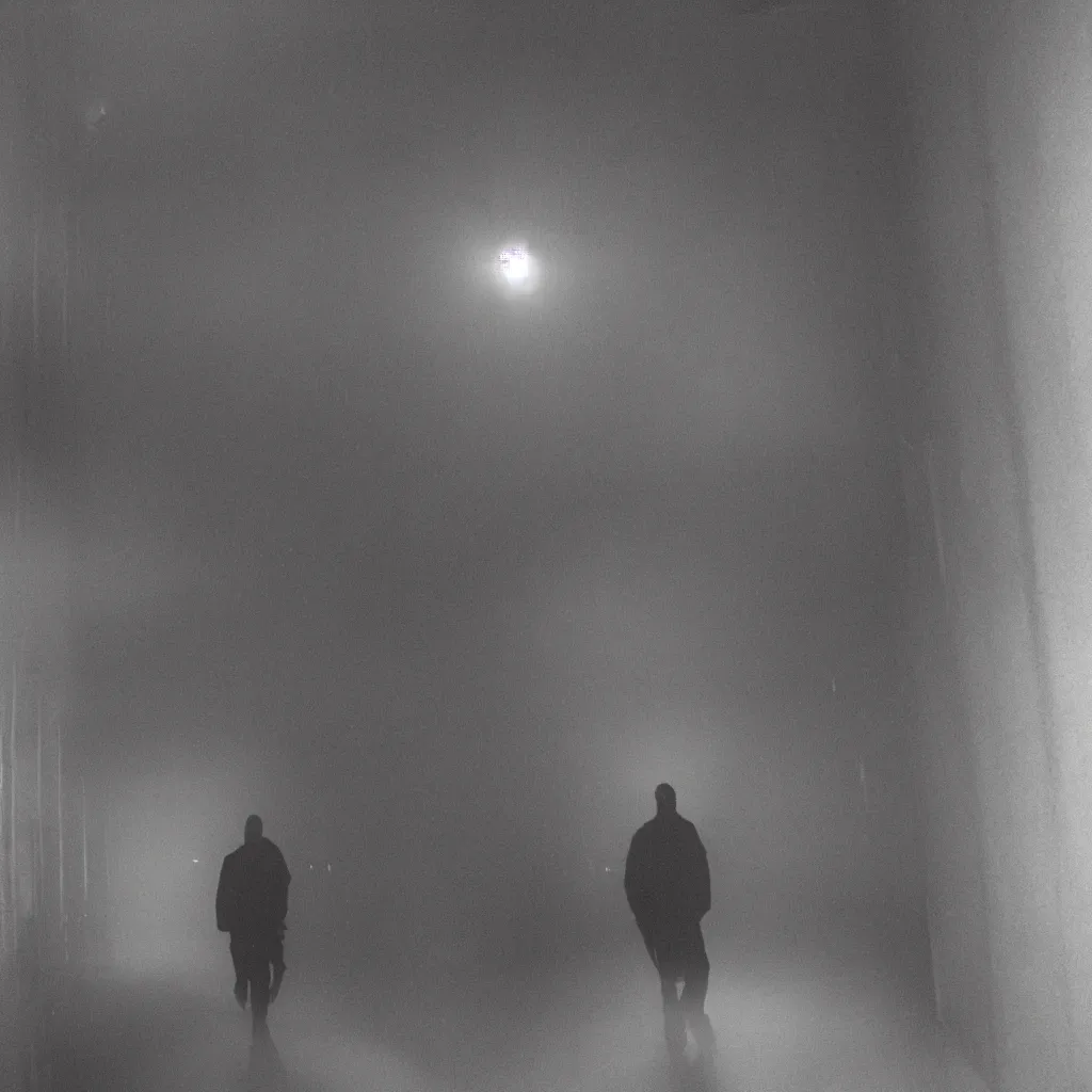 Prompt: a backlit, mostly silhouetted threatening person with long limbs and glowing eyes walks down a long shadowy apartment hallway dragging something behind it, low lying fog swirls at their feet, the ceiling is in darkness, water drips down from above, smoke, gloomy, nightmarish security footage, detailed