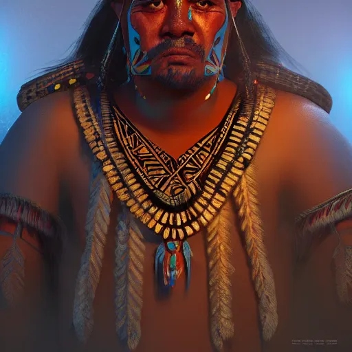 Prompt: full body concept art of a big aztec tribesman, fantasy character portrait, ultra realistic, concept art, intricate detailed, volumetric light, cinematic lighting, 8 k uhd artwork, featured on artstation